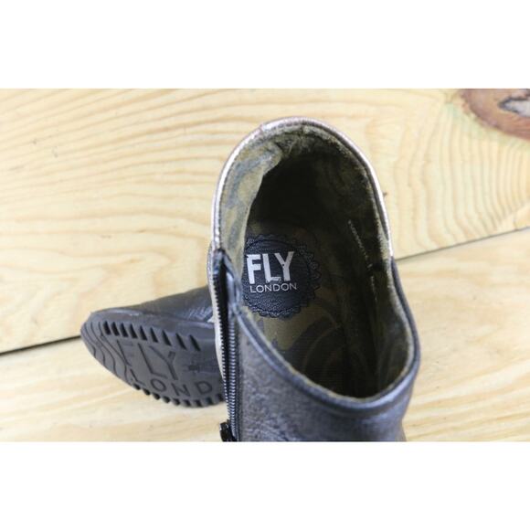 Fly London Boots 6.5 Black Leather Gold Bronze Colorblock Ankle 10 Bootie Shoes - Picture 6 of 8